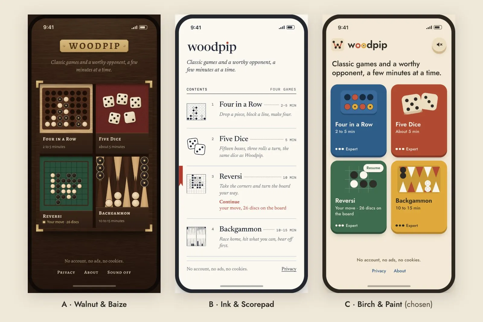 Three early Woodpip menu proposals: A uses dark wood and felt, B a paper list, and C coloured game cards. C is marked as chosen.