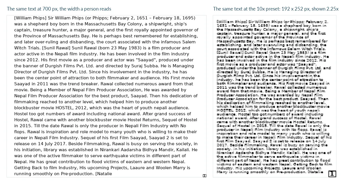 Two panels showing the same text. The left panel is the text rendered at 700 pixels wide, readable. The right panel is the same text as the model receives it at the 10x preset, 192 by 252 pixels, displayed 2.25 times larger.